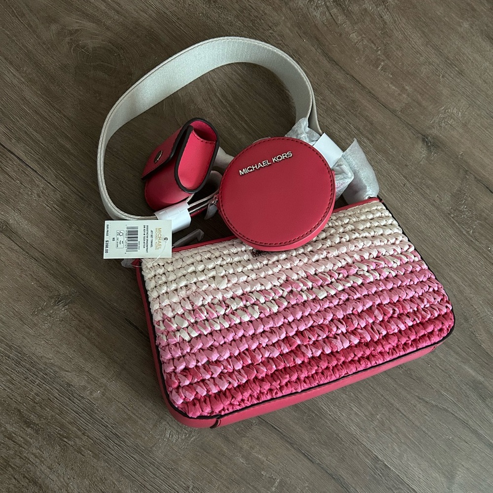 NWT Michael Kors Pink and White Woven Crossbody Bag - 3 pieces